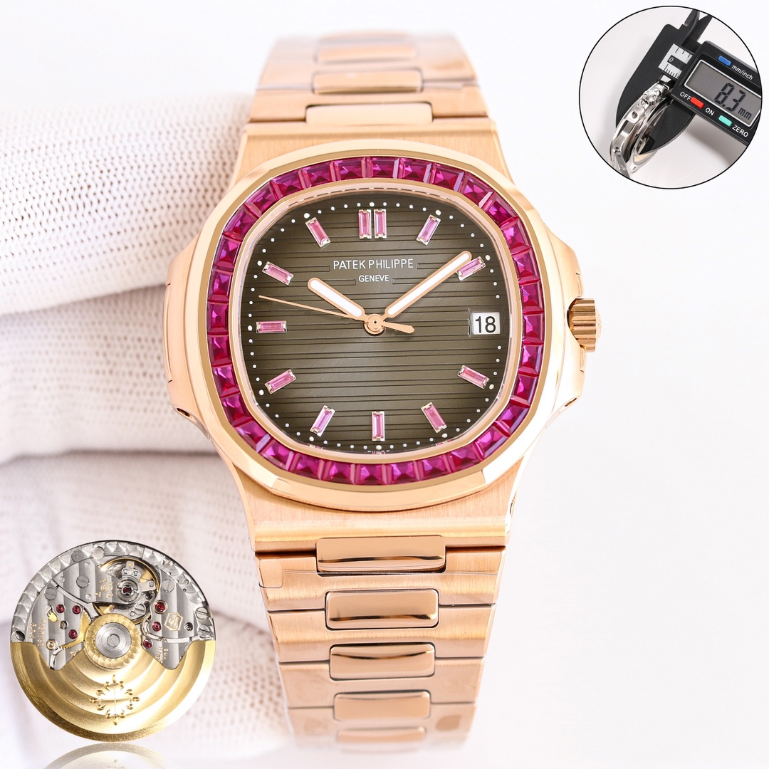 NO:339097,White Diamond Color Diamond E7 Factory launches Patek Philippe 5711 series luxury diamond-set limited edition Nautilus, the king of steel watches, the best detoxification solution on the entire network!  In terms of details, 1 paired with a customized version of Cal.324 fully automatic movement. 2316L custom-grade ergonomic strap!  3 steel belt middle beads are diamond-shaped, combined with genuine products. 4 diameter 40mm, thickness 8.3mm is the same as genuine products. Wearing 5711/1A not only shows youthful vitality, but also exudes a strong calm atmosphere from the inside out. It is a well-deserved 