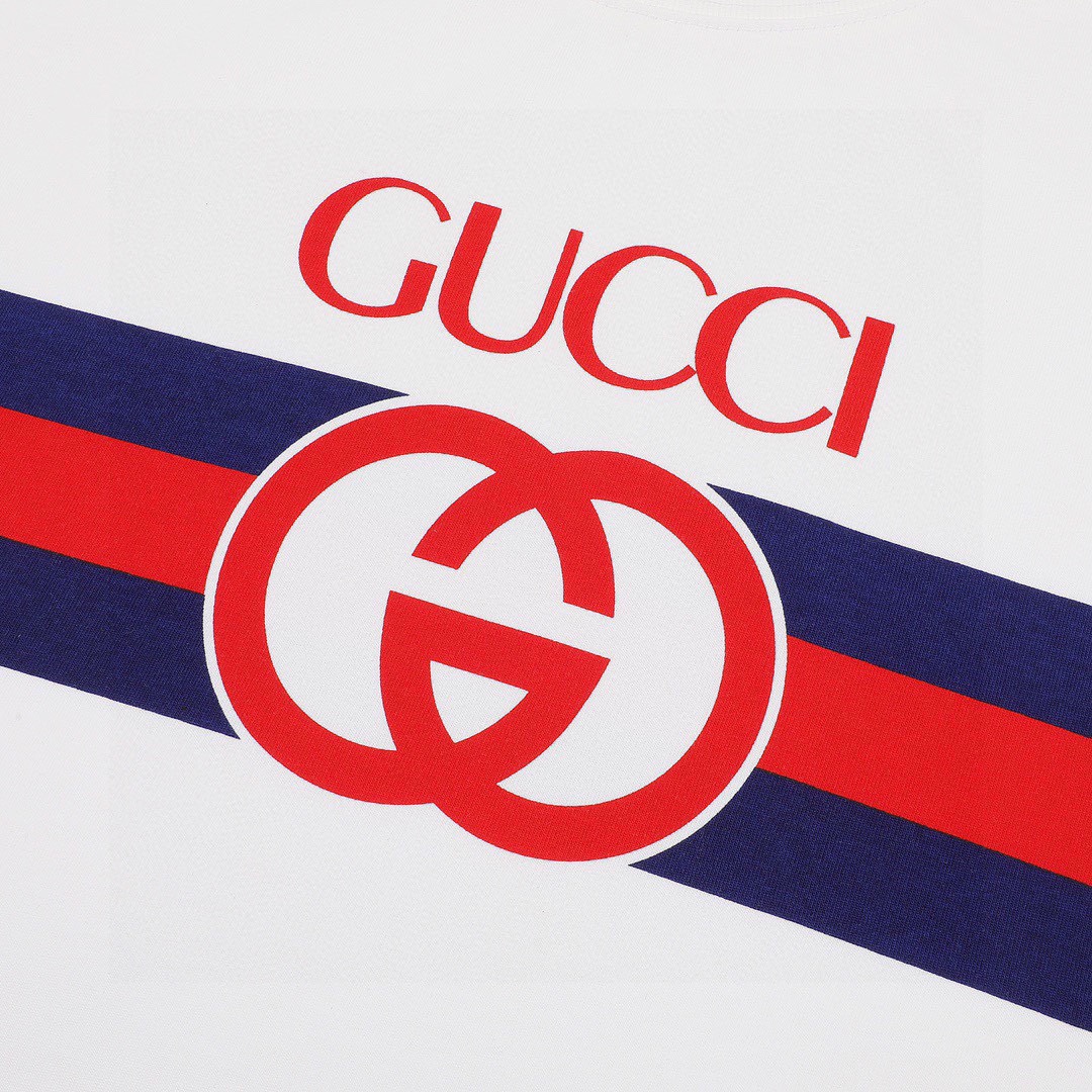 古驰/Gucci 夏季新品 双G互扣红蓝条纹腰带圆领短袖T恤白色