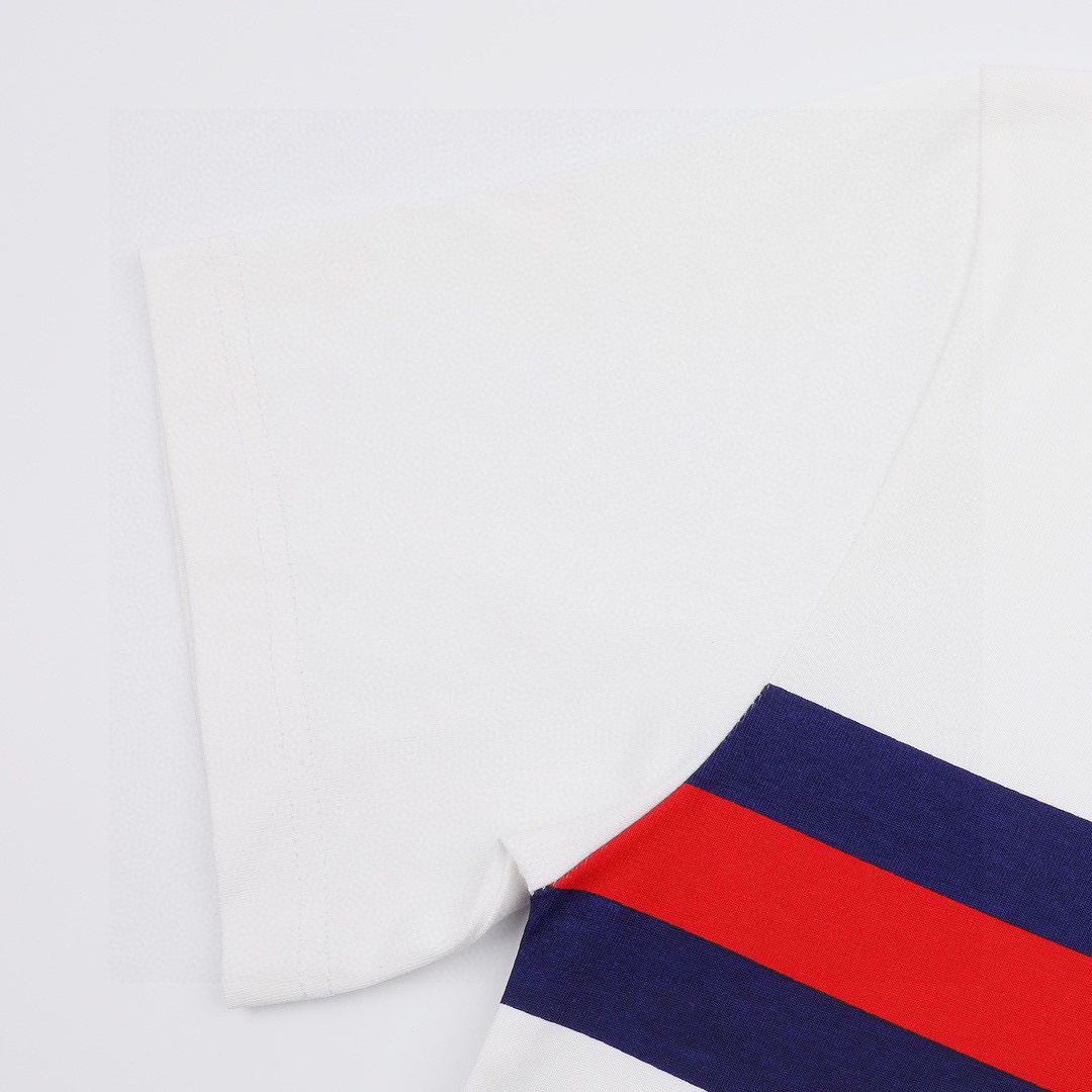 古驰/Gucci 夏季新品 双G互扣红蓝条纹腰带圆领短袖T恤白色