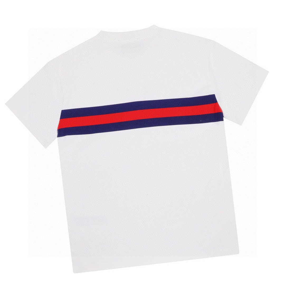 古驰/Gucci 夏季新品 双G互扣红蓝条纹腰带圆领短袖T恤白色