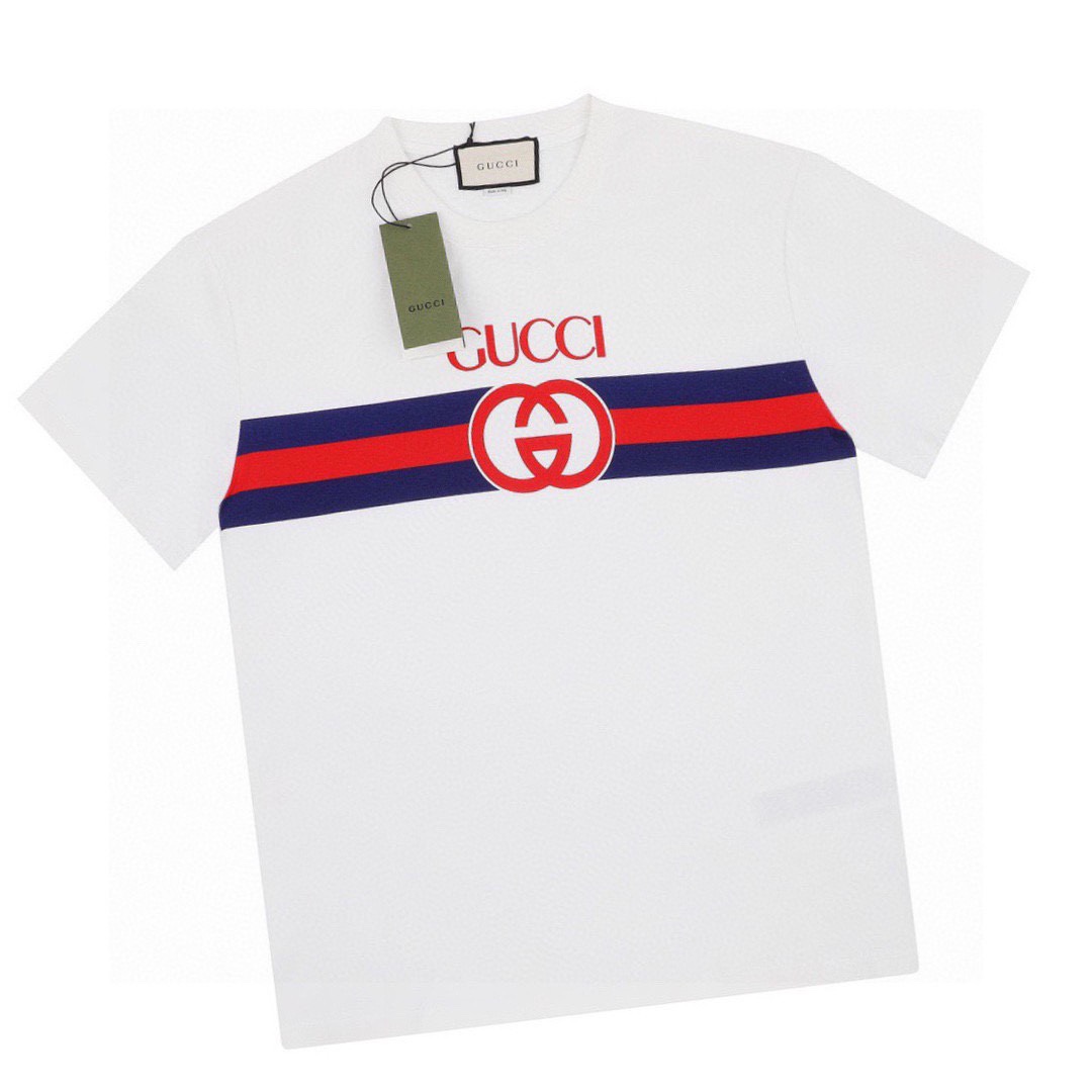 古驰/Gucci 夏季新品 双G互扣红蓝条纹腰带圆领短袖T恤白色