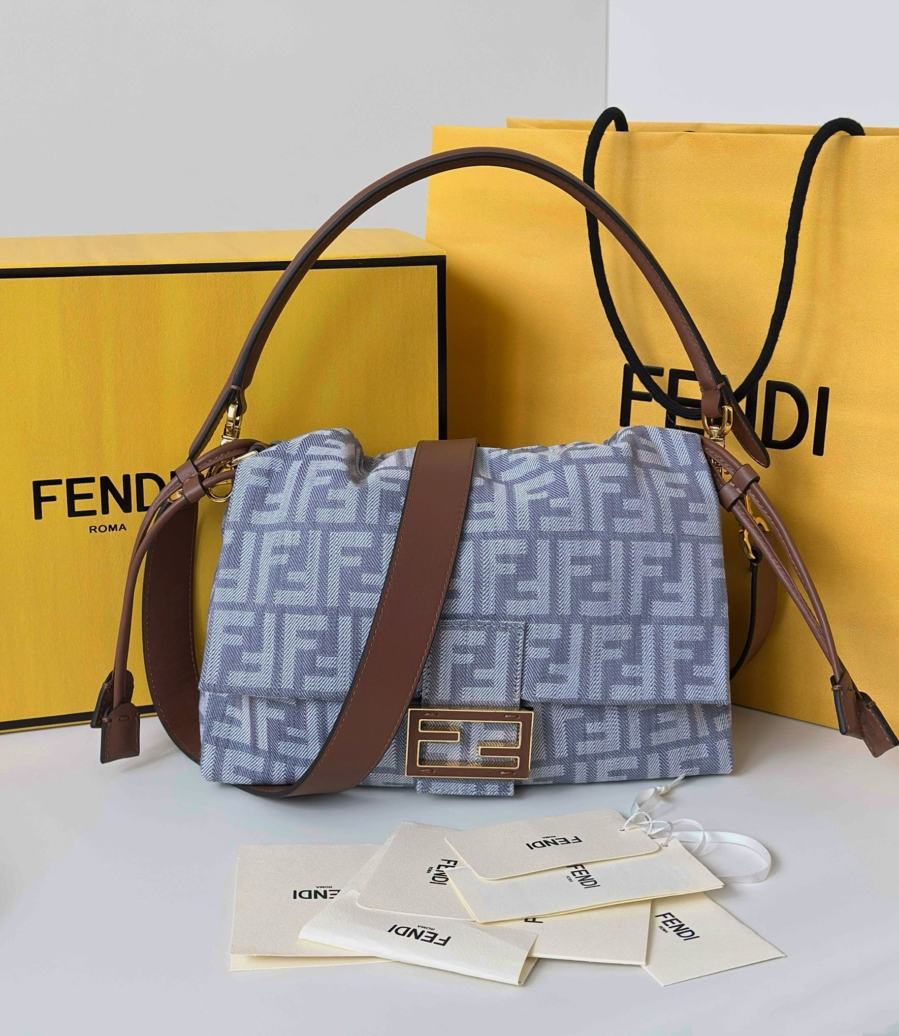 Fendi Mamma Baguette Denim Jacquard FF Element Shoulder Bag