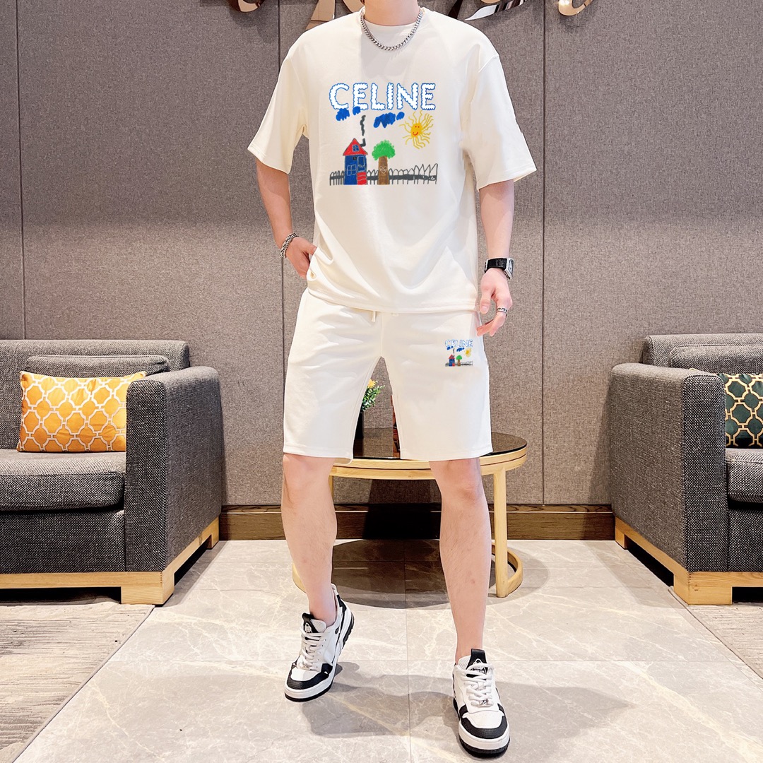 Celine 品牌【CELINE赛琳】 2025新款男士短袖短裤套装 销售 市面高端版本 手感细腻柔软 让你穿着更加舒适 立体裁剪版型超赞 尺码:M-5XL下单请报身高体重