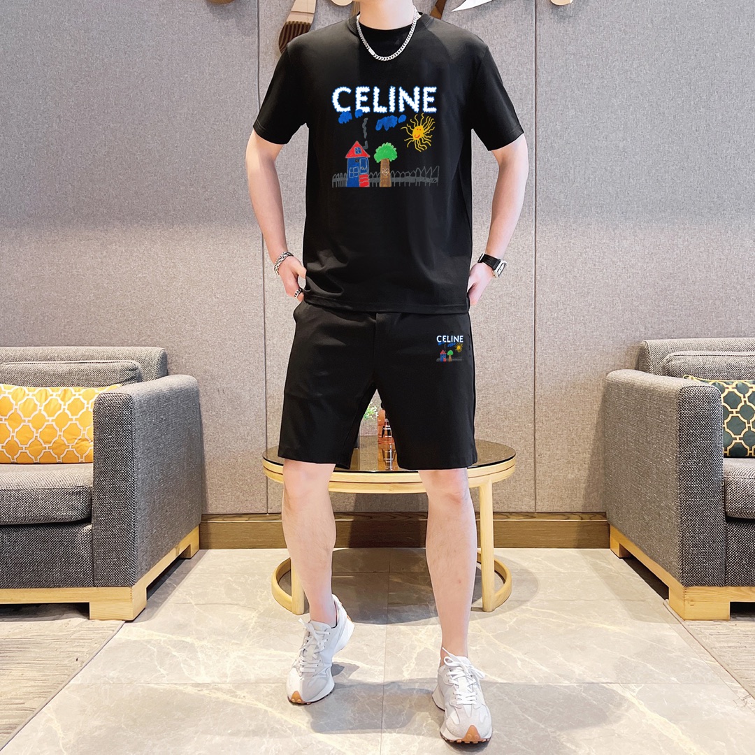 Celine 品牌【CELINE赛琳】 2025新款男士短袖短裤套装 销售 市面高端版本 手感细腻柔软 让你穿着更加舒适 立体裁剪版型超赞 尺码:M-5XL下单请报身高体重