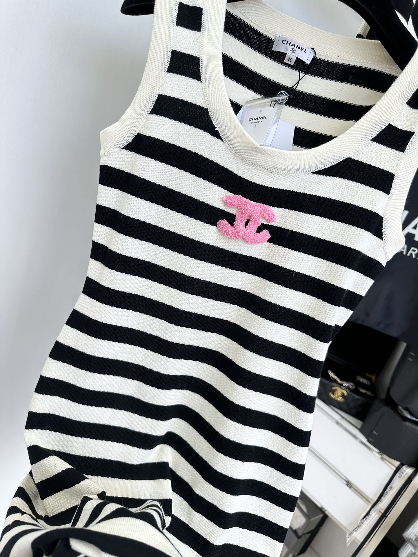 Chanel Striped Knit Dress with Pink Logo & Shawl - Chic & Stylish 8 i1752433824 446 6