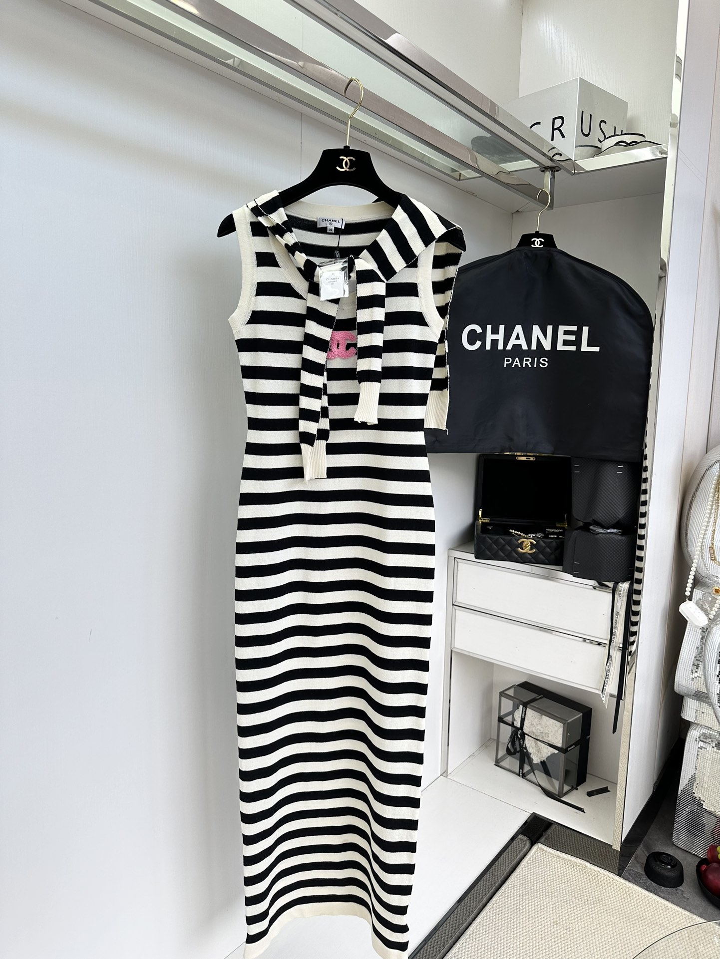 Chanel Striped Knit Dress with Pink Logo & Shawl - Chic & Stylish 3 i1752433824 9923 1
