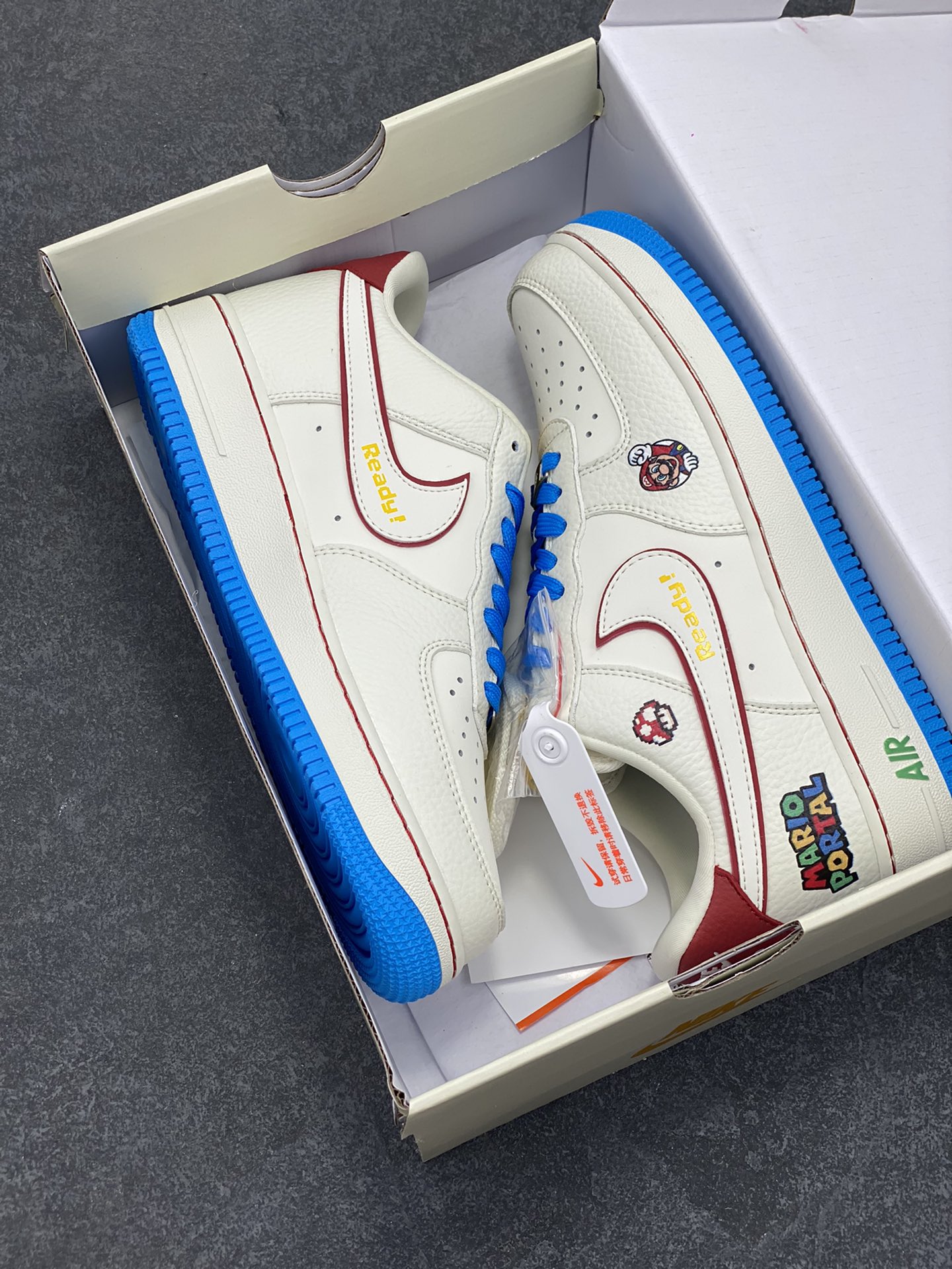 图片[9]-NIke Air Force 1 \’07 Low 马里奥联名–白蓝彩 空军一号低帮 运动鞋 休闲鞋 折边针车 工艺难度大 原楦头原纸板 原装鞋盒 原厂鞋底 超高清洁度 细节完美 货号：SC0601-567 尺码：36 36.5 37.5 38 38.5 39 40 40.5 41 42 42.5 43 44 44.5 45-选品中心