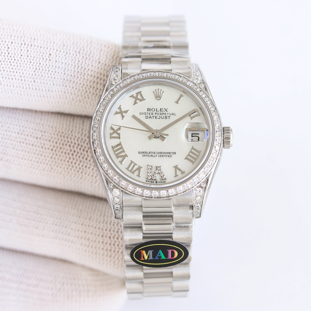 “Women’s White Diamond Rolex Watch with Swiss Movement and Colorful Design”