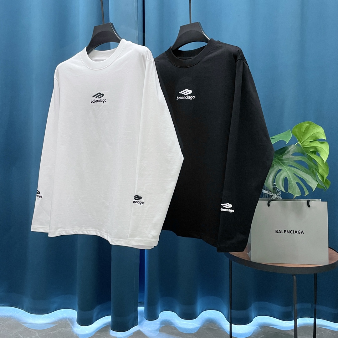 P95 (Versión alta de gran peso) Balenciaga➡️Paris世家 Camiseta de manga larga con logo bordado, de alto gramaje, detalles…