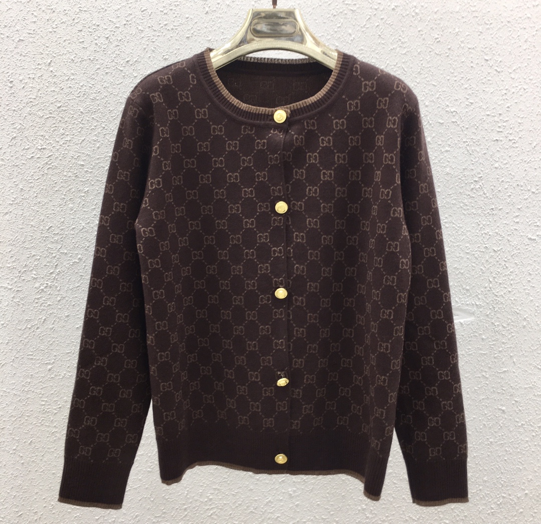 NO:454408,135250222 Chi family's old-fashioned logo, shining silk jacquard round neck knitted cardigan SML brown, alexander wang19860909135250222 驰家老花满logo光丝提花圆领针织开衫 SML 咖色,,alexander wang,Women's clothing