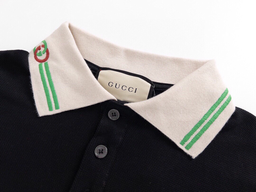 古驰/Gucci 夏季新款 翻领双G刺绣短袖polo衫黑色