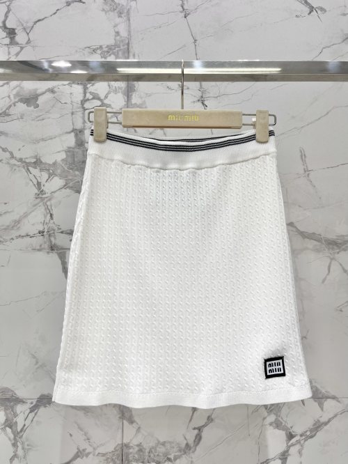 Miu Miu White Knit Mini Skirt with Striped Waistband - Early Autumn Collection 1 Miu Miu White Knit Mini Skirt with Striped Waistband - Early Autumn Collection