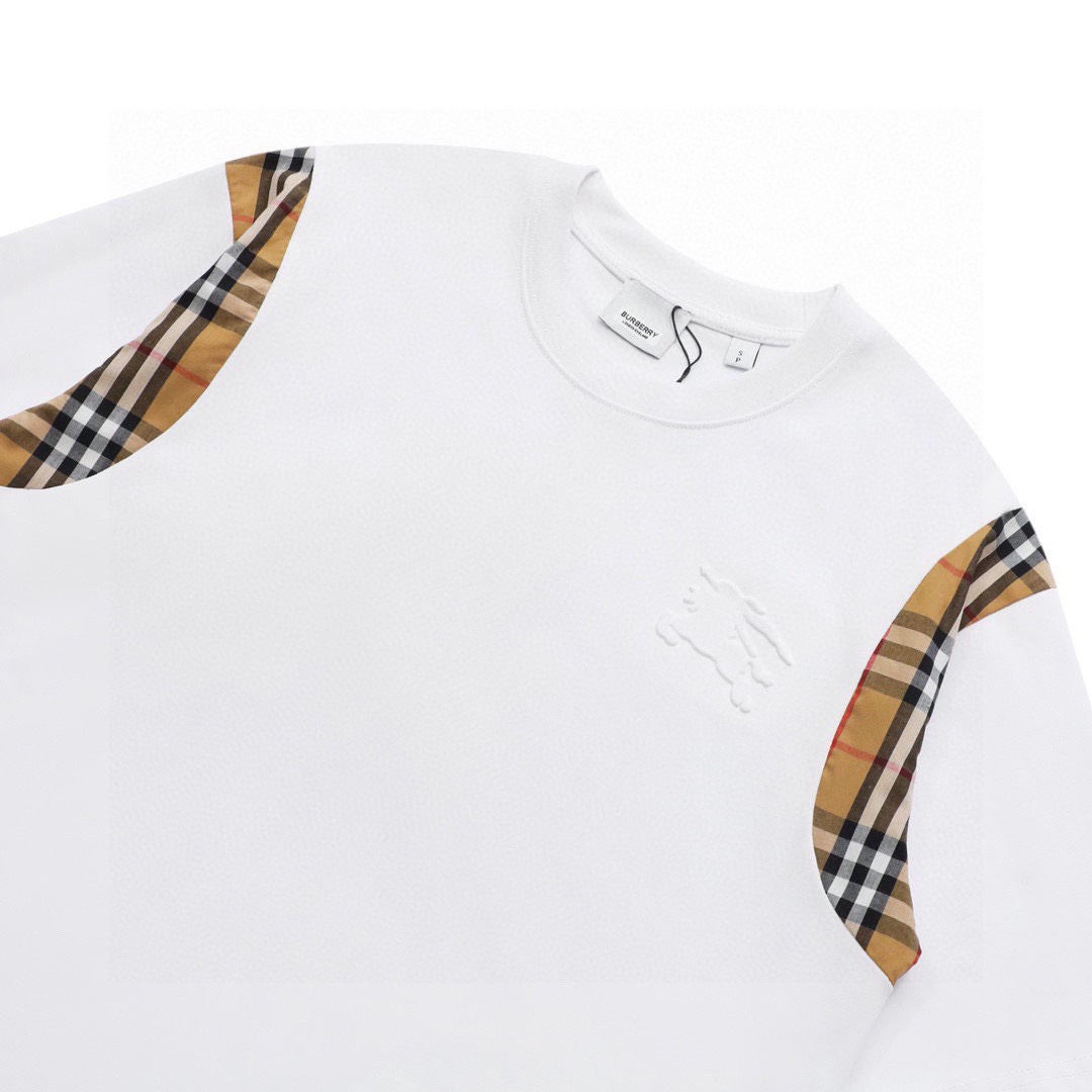 巴宝莉/Burberry 夏季新款 浮雕战马格纹拼接圆领短袖T恤 黑色/白色