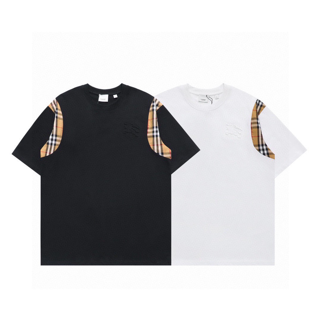 巴宝莉/Burberry 夏季新款 浮雕战马格纹拼接圆领短袖T恤 黑色/白色