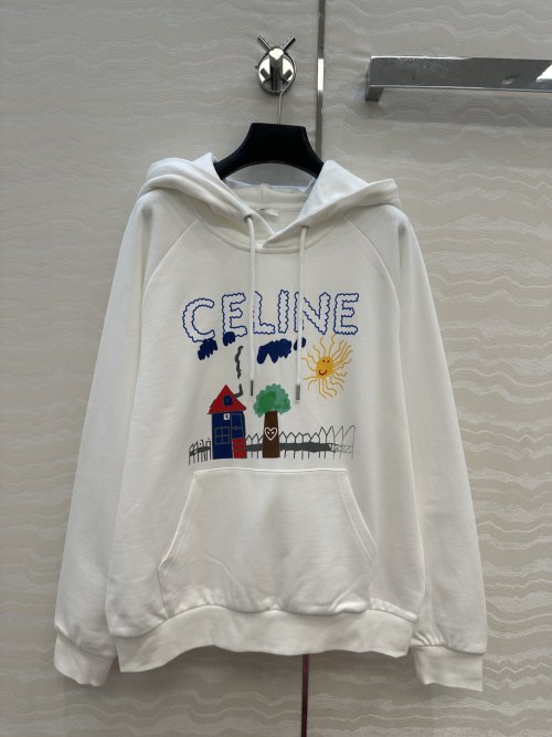 Celine Women's White Cotton Hoodie with Whimsical Graphic Print 1 Celine Women's White Cotton Hoodie with Whimsical Graphic Print