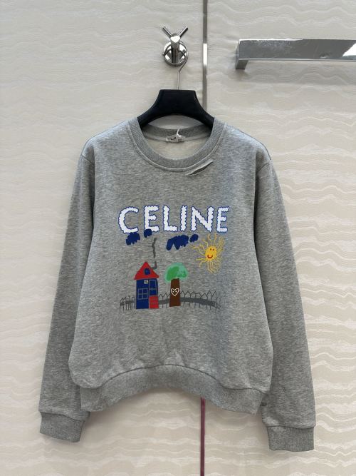 Celine Grey Cotton Sweatshirt with Whimsical House and Sun Graphic 1 Celine Grey Cotton Sweatshirt with Whimsical House and Sun Graphic