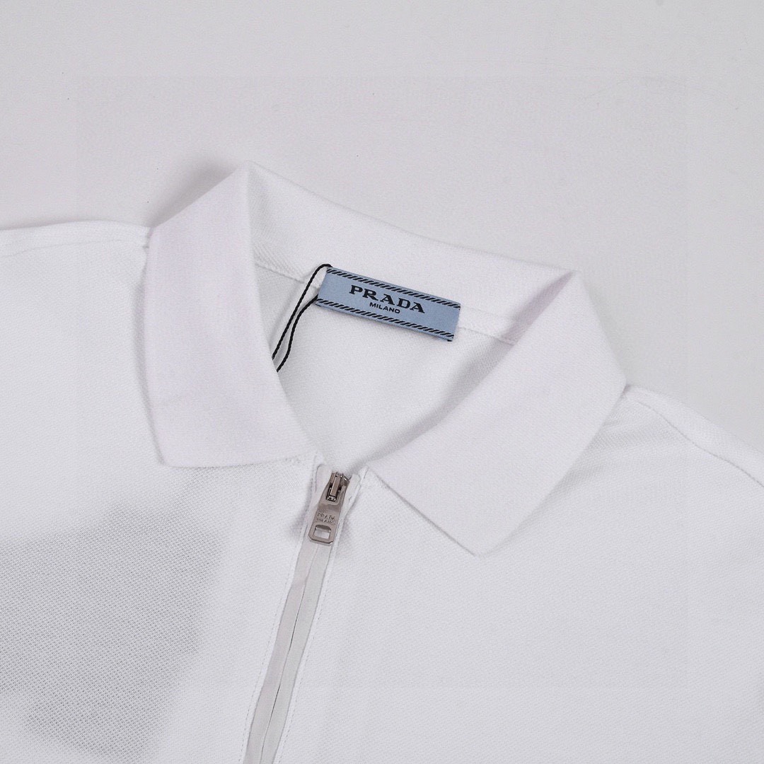 普拉达/Prada 夏季新款 经典三角标拉链翻领短袖polo衫 黑色/白色