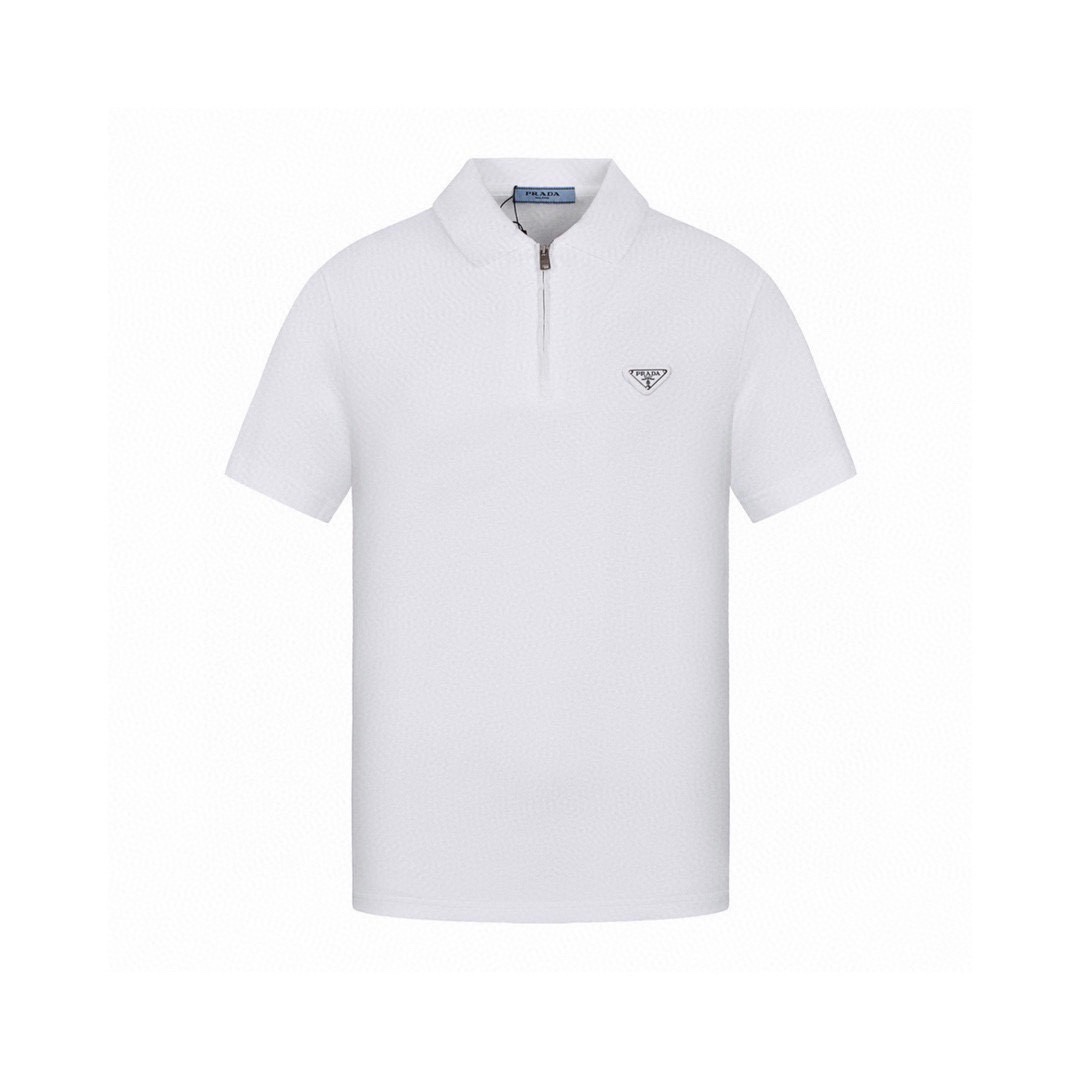 普拉达/Prada 夏季新款 经典三角标拉链翻领短袖polo衫 黑色/白色
