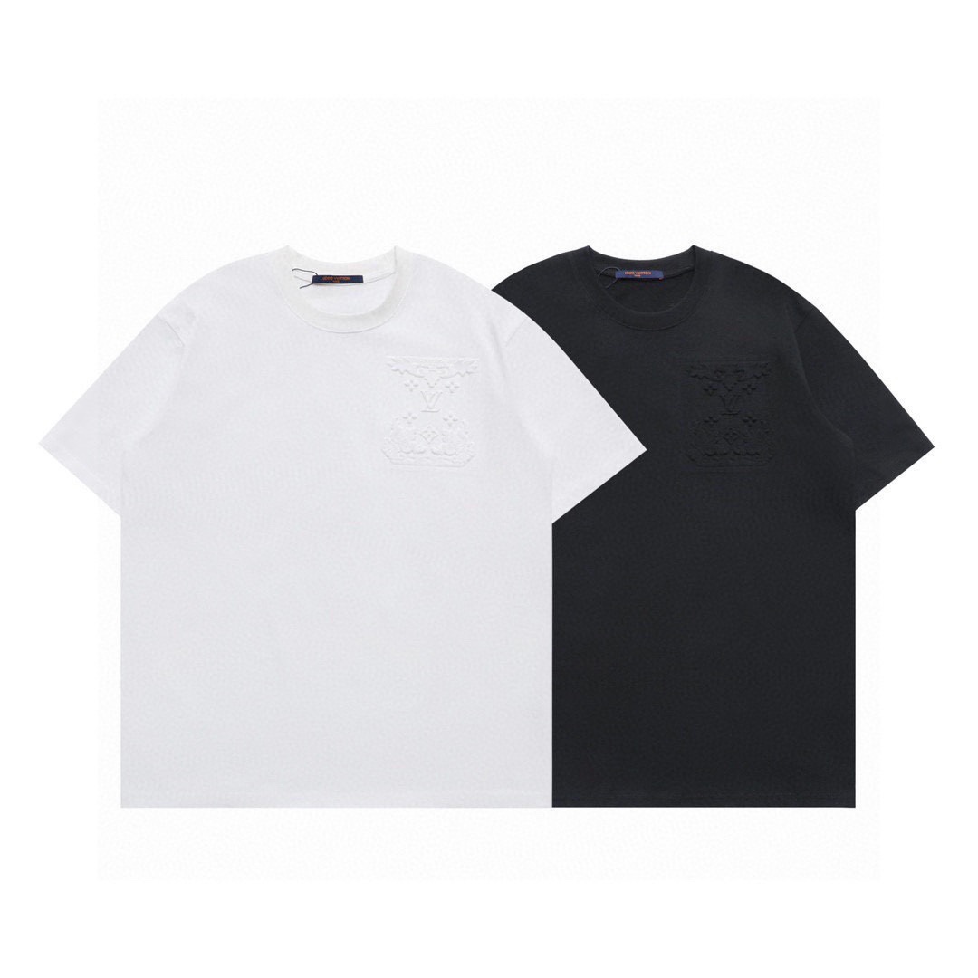 路易威登/Louis Vuitton 夏季新款 胸前浮雕压花字母圆领短袖T恤 白色/黑色
