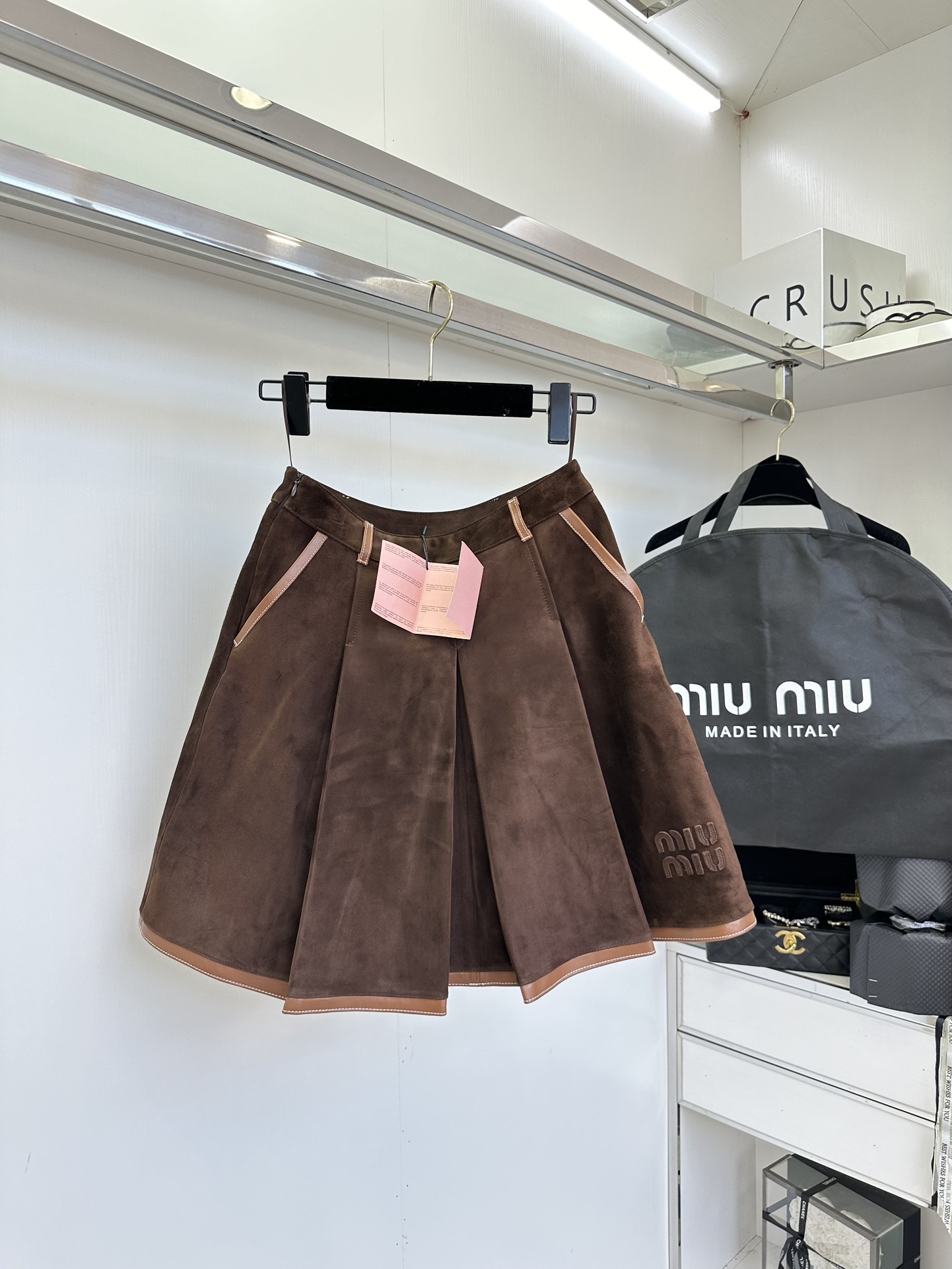 Miu Miu Suede Pleated Lambskin Skirt - Warm Brown, Knee Length, 2024 Collection 8 i1753431822 332 6