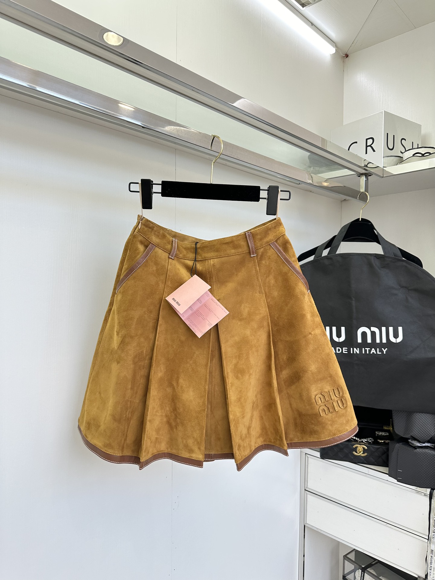 Miu Miu Suede Pleated Lambskin Skirt - Warm Brown, Knee Length, 2024 Collection 4 i1753431822 9049 2