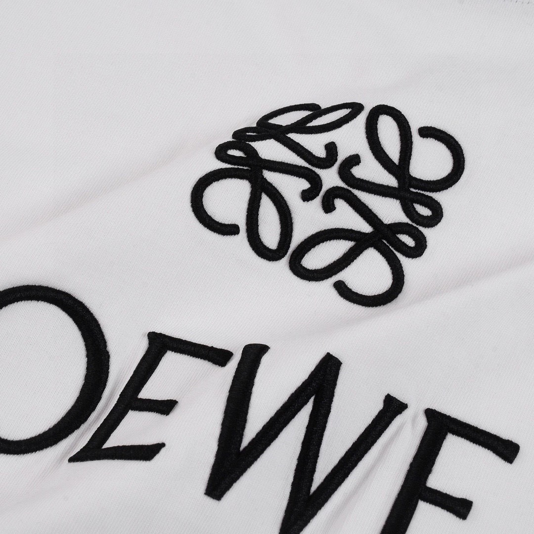 罗意威/Loewe 夏季新款 拼接织带刺绣字母圆领短袖T恤 黑色/白色