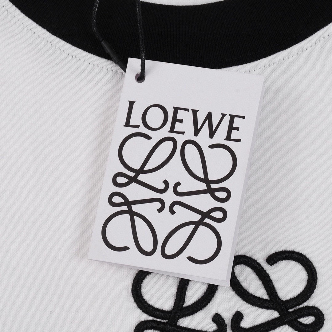 罗意威/Loewe 夏季新款 拼接织带刺绣字母圆领短袖T恤 黑色/白色