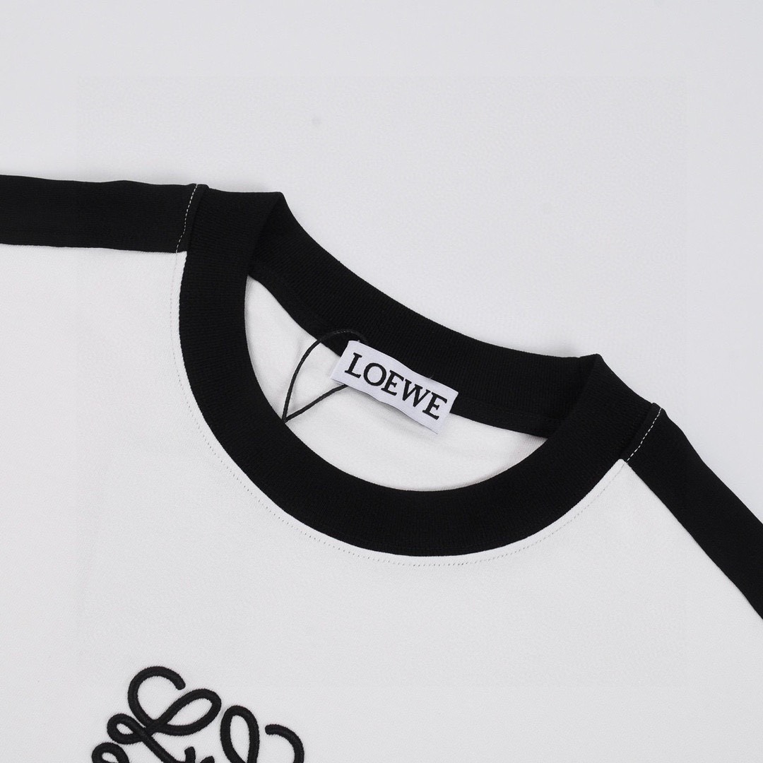罗意威/Loewe 夏季新款 拼接织带刺绣字母圆领短袖T恤 黑色/白色