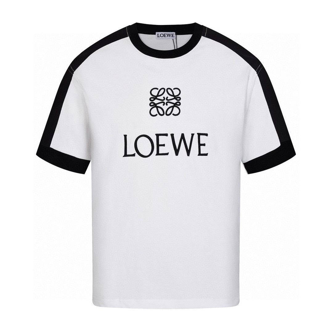 罗意威/Loewe 夏季新款 拼接织带刺绣字母圆领短袖T恤 黑色/白色