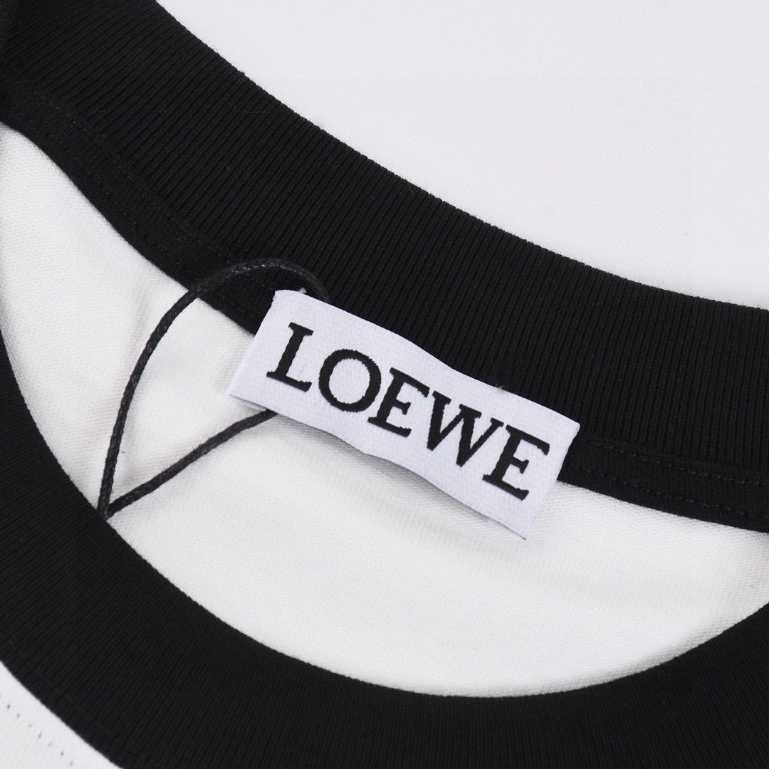 罗意威/Loewe 夏季新款 拼接织带刺绣字母圆领短袖T恤 黑色/白色