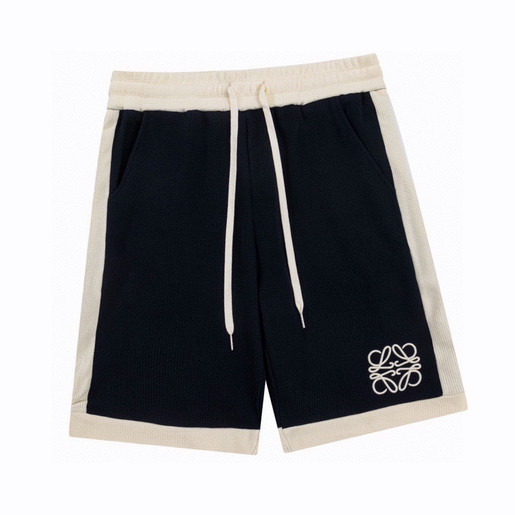 罗意威/Loewe 夏季新品 徽标刺绣拼色华夫格休闲短裤 宝蓝色/杏色