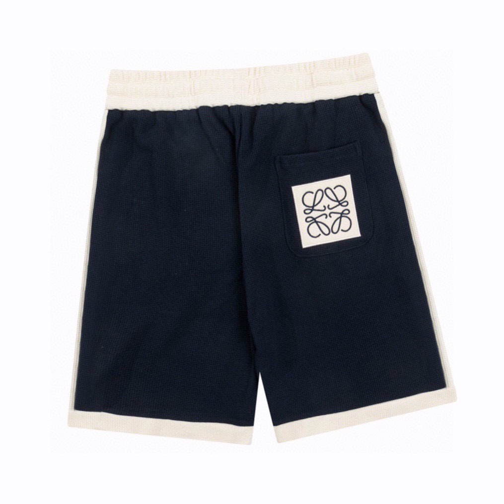 罗意威/Loewe 夏季新品 徽标刺绣拼色华夫格休闲短裤 宝蓝色/杏色