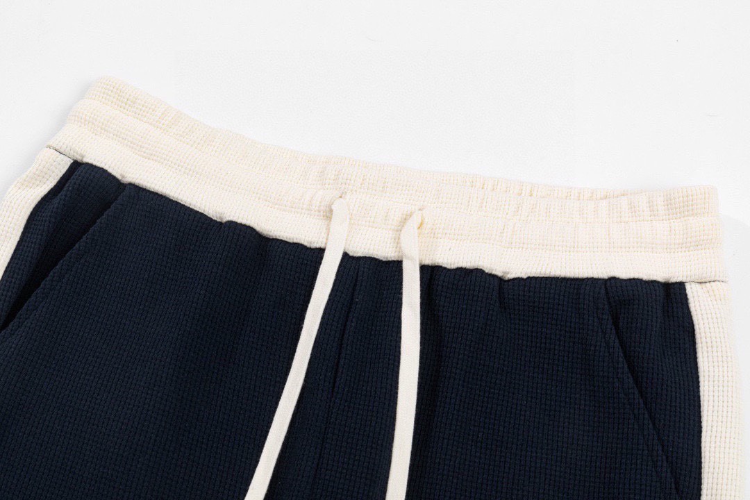 罗意威/Loewe 夏季新品 徽标刺绣拼色华夫格休闲短裤 宝蓝色/杏色