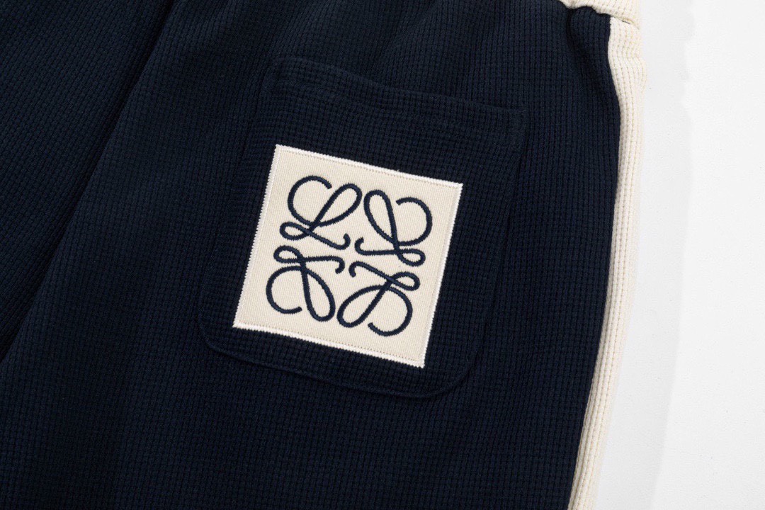 罗意威/Loewe 夏季新品 徽标刺绣拼色华夫格休闲短裤 宝蓝色/杏色