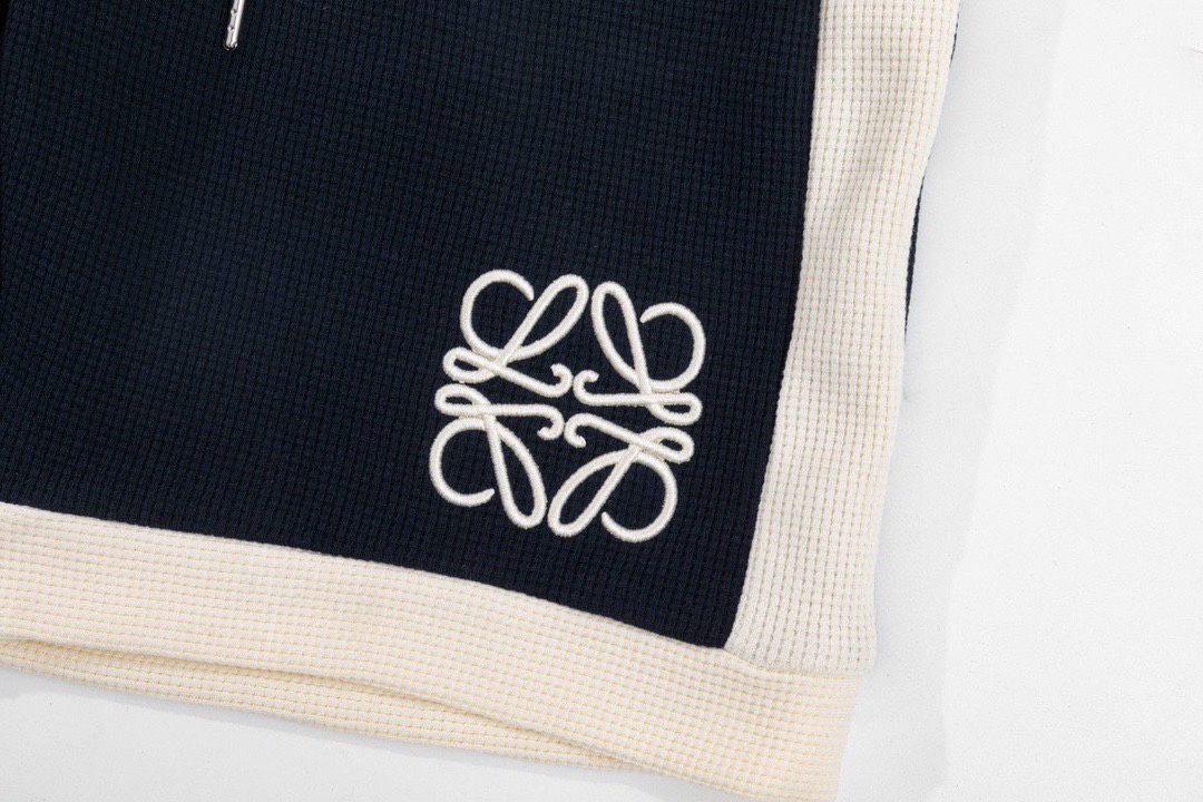 罗意威/Loewe 夏季新品 徽标刺绣拼色华夫格休闲短裤 宝蓝色/杏色