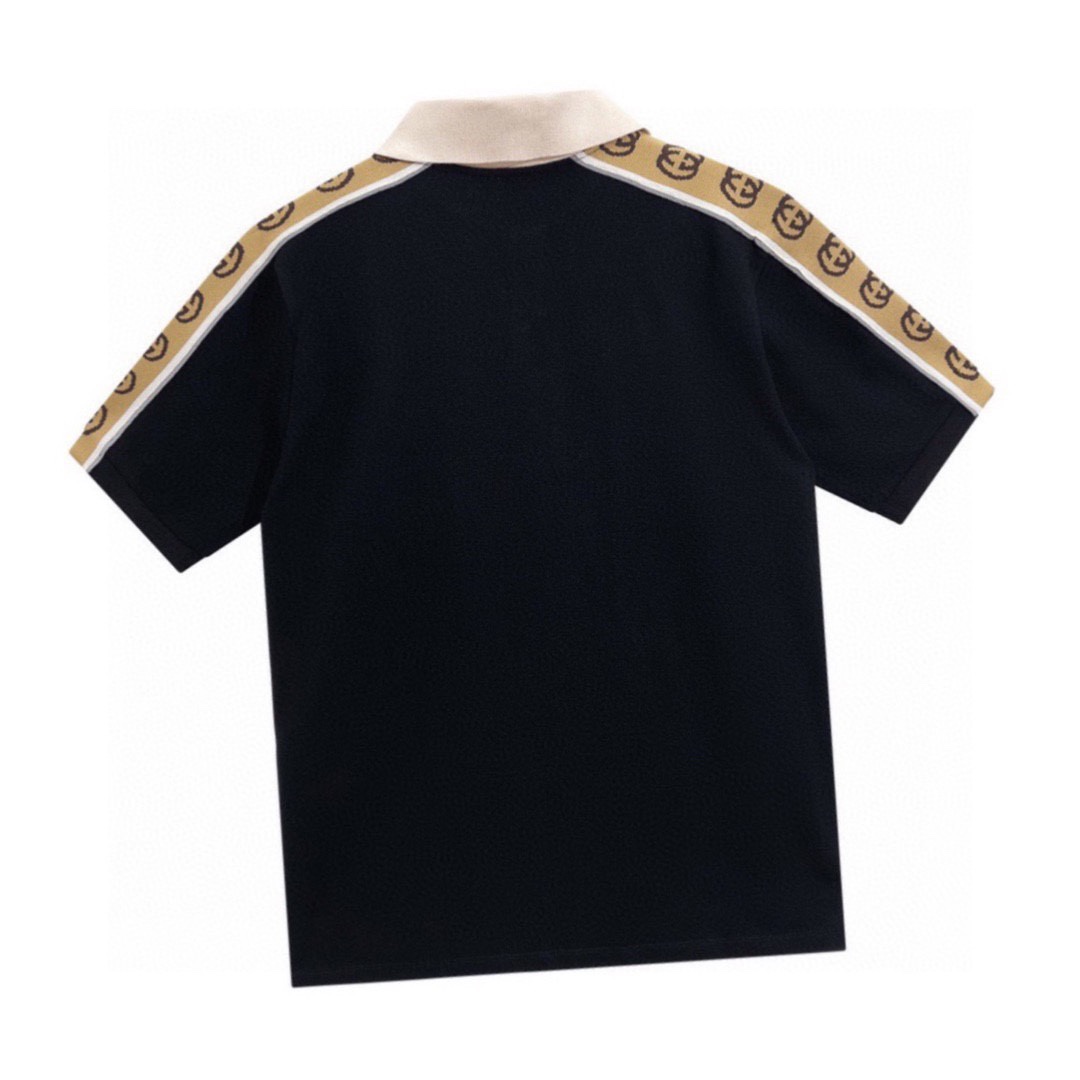 古驰/Gucci 夏季新款 经典双G反光织带拼接翻领短袖polo衫 黑色/杏色