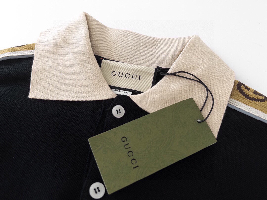 古驰/Gucci 夏季新款 经典双G反光织带拼接翻领短袖polo衫 黑色/杏色