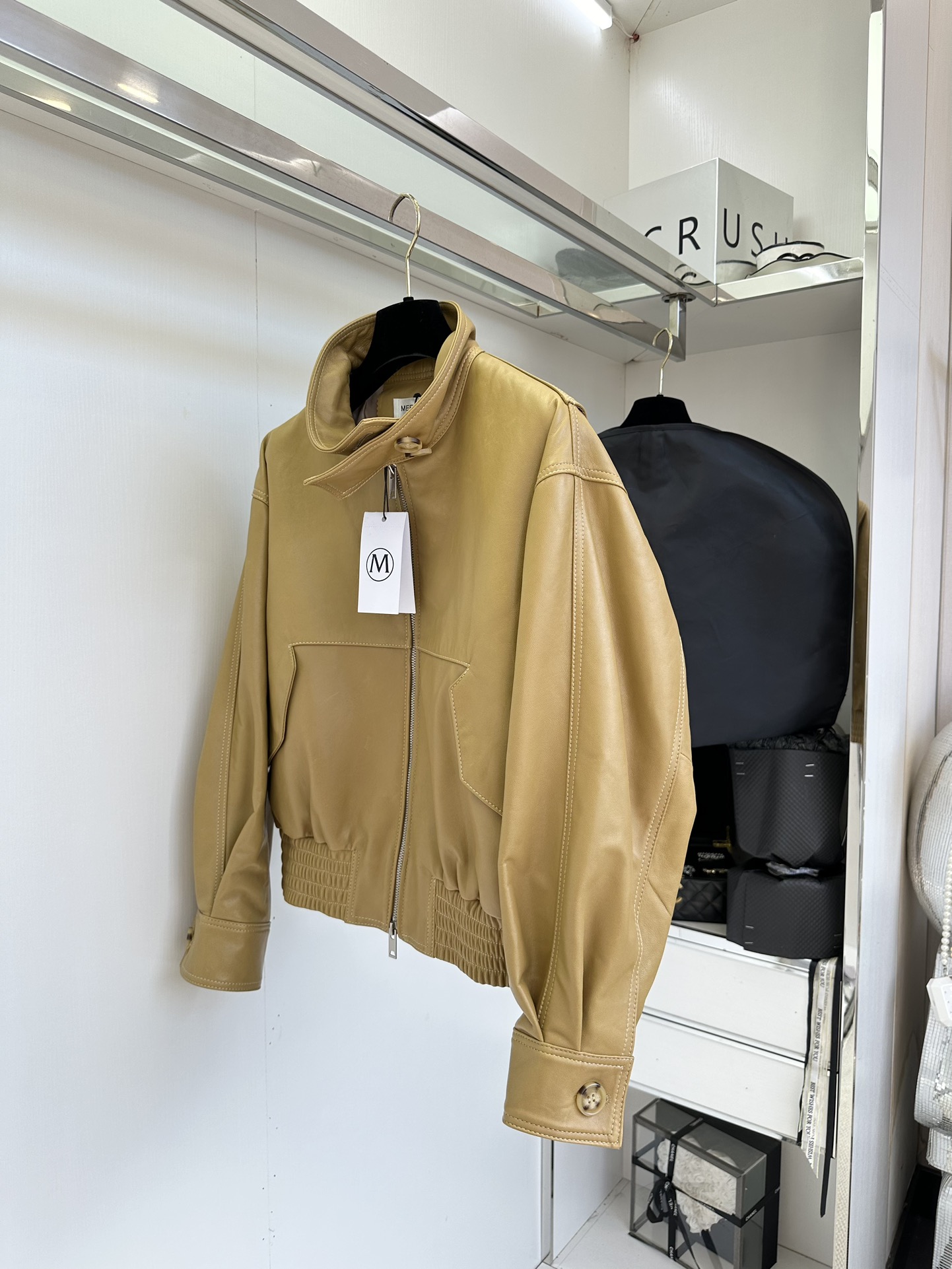 Women's Genuine Leather Biker Jacket - Mustard Yellow, Half High Collar 5 i1753612726 1048 3