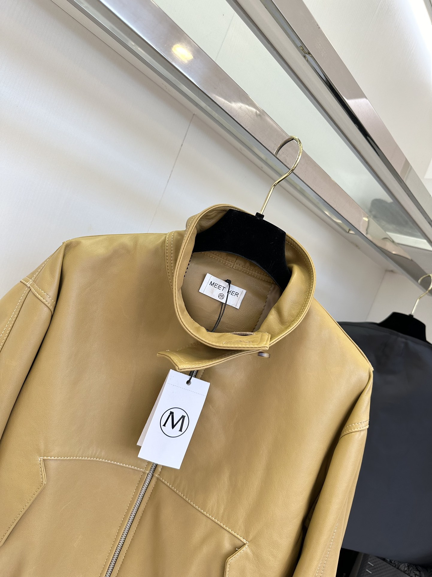 Women's Genuine Leather Biker Jacket - Mustard Yellow, Half High Collar 6 i1753612726 5545 4