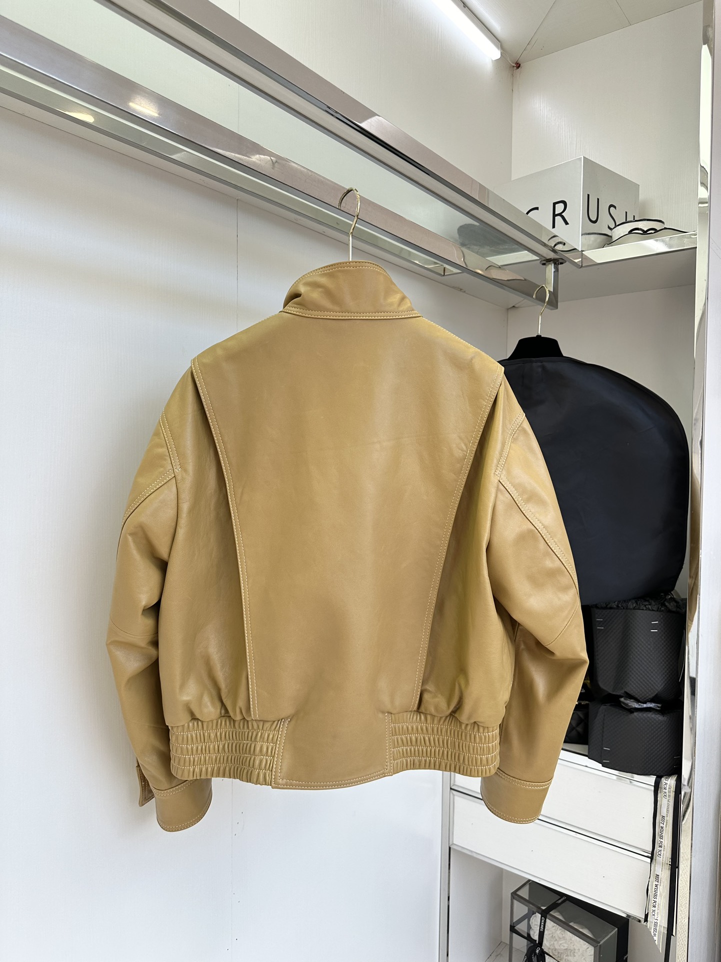Women's Genuine Leather Biker Jacket - Mustard Yellow, Half High Collar 3 i1753612726 5830 1