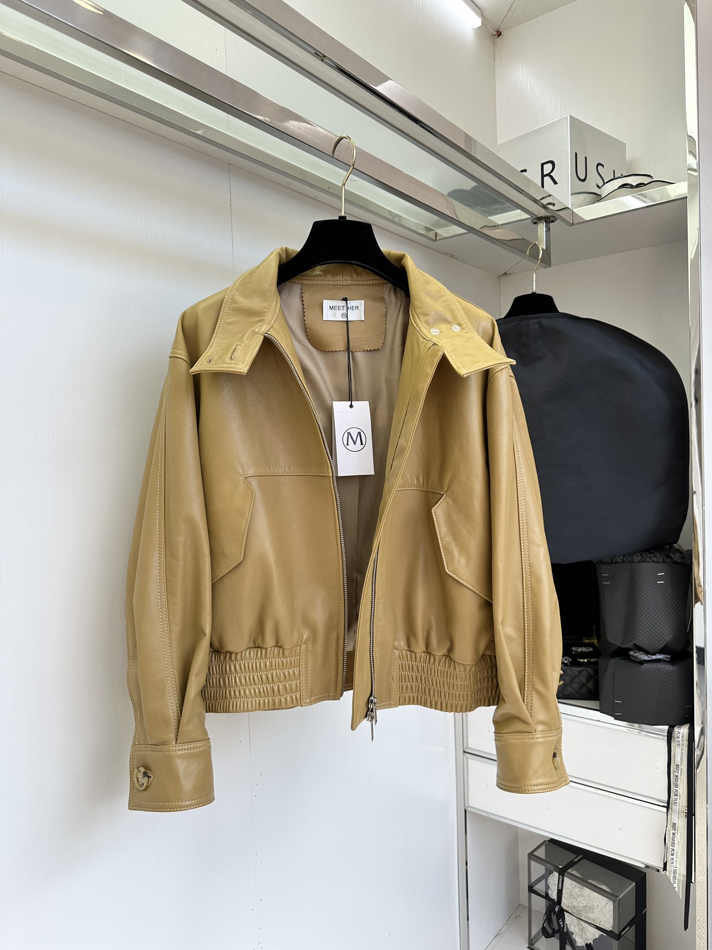 Women's Genuine Leather Biker Jacket - Mustard Yellow, Half High Collar 4 i1753612726 5969 2