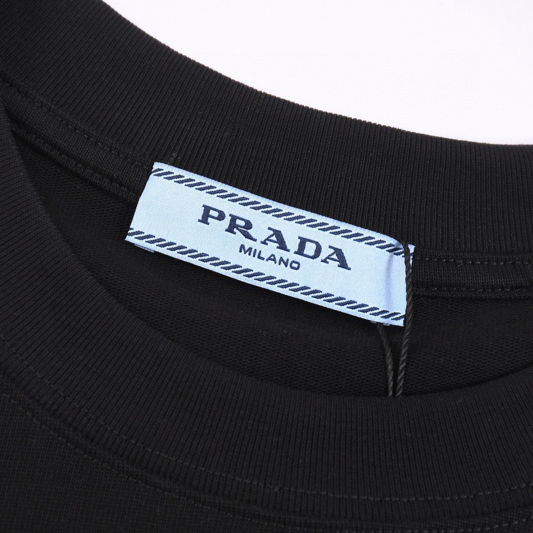 普拉达/Prada 夏季新款 拼色字母刺绣圆领短袖T恤 黑色/白色