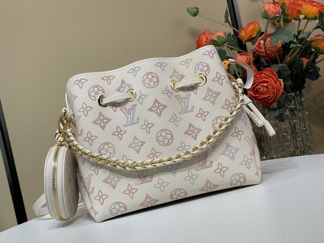 Louis Vuitton Bella Bucket Bag: White Monogram Perforated Leather, Chain Detail