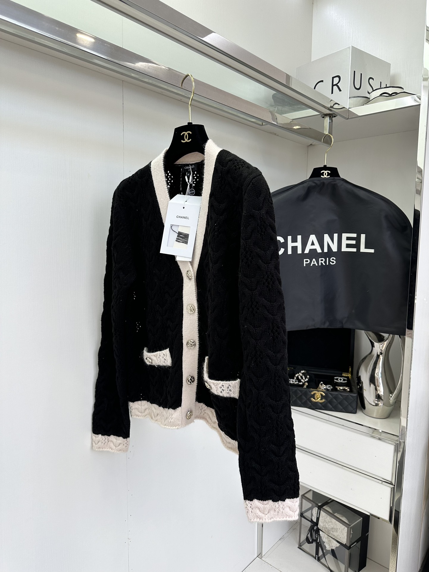 Chunky Knit Cardigan: Black & White Oversized V-Neck Sweater - Chanel Inspired 4 i1753814188 8235 2