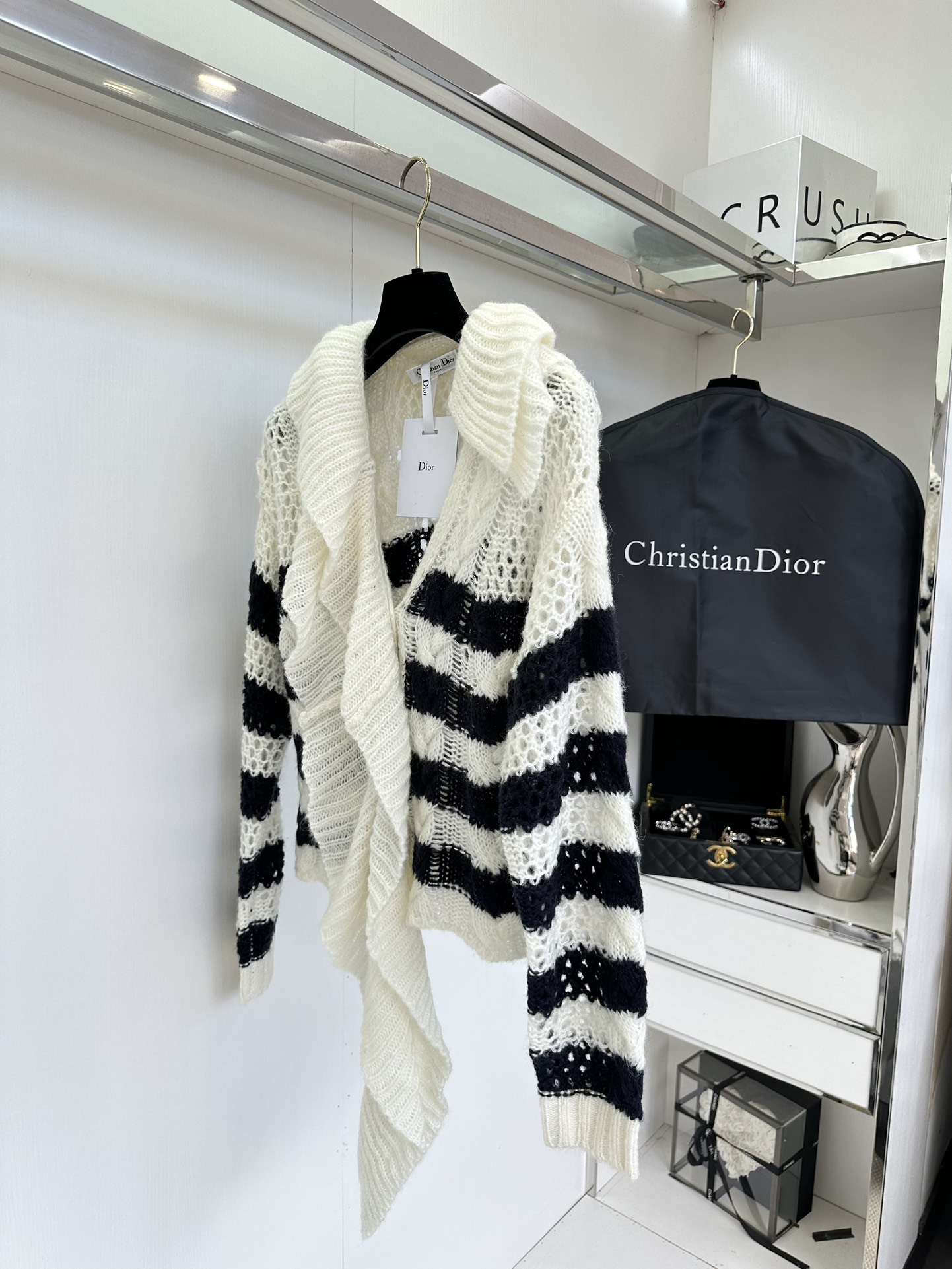 Dior-Inspired Striped Knit Sweater - Soft Mohair Blend, Navy Style, Crochet Detail 4 i1753835565 4496 2