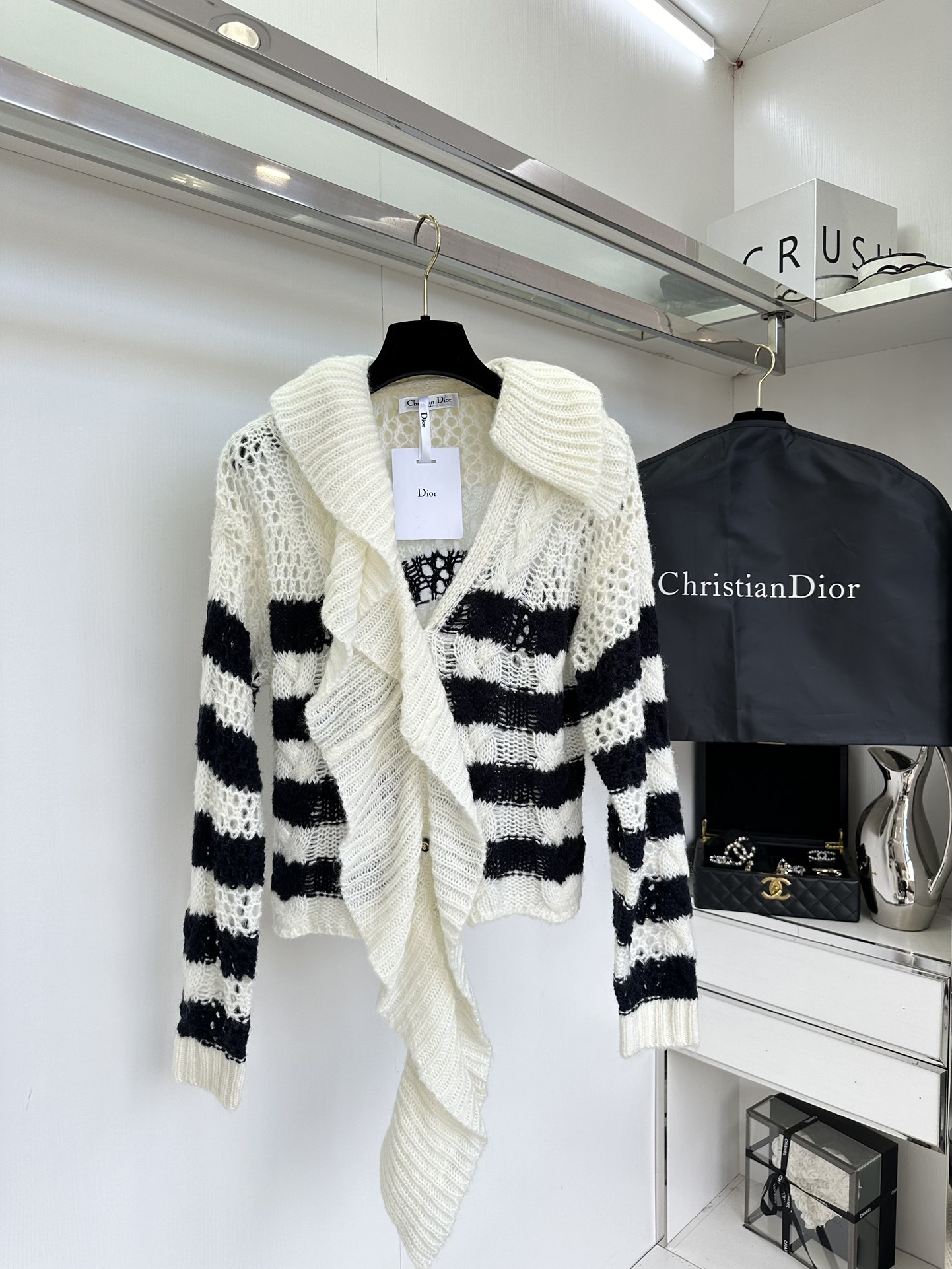 Dior-Inspired Striped Knit Sweater - Soft Mohair Blend, Navy Style, Crochet Detail 2 i1753835565 8764 0
