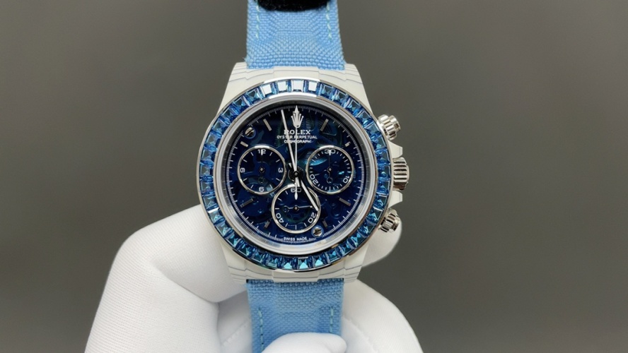 Rolex Oyster Perpetual Chronograph Custom Blue Sapphire Bezel and Canvas Strap 1 Rolex Oyster Perpetual Chronograph Custom Blue Sapphire Bezel and Canvas Strap