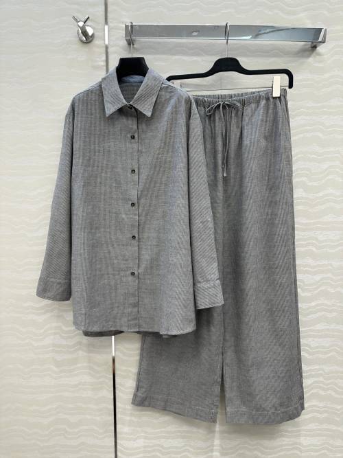 Striped Linen Cotton Shirt Set,Minimalist Style Long Sleeve Button Down Top and Pants 1 Striped Linen Cotton Shirt Set,Minimalist Style Long Sleeve Button Down Top and Pants