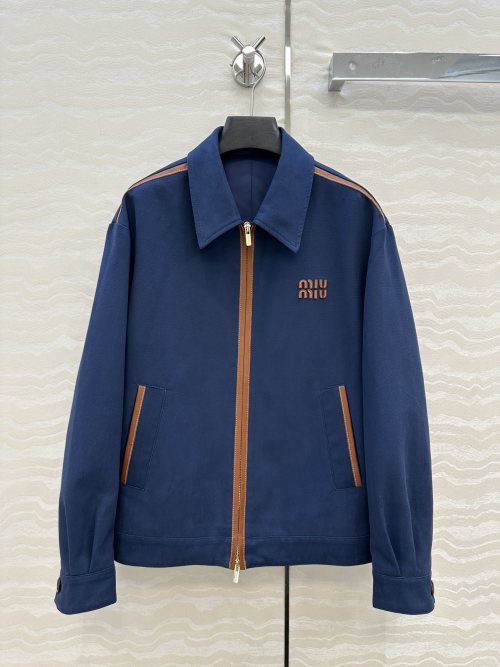 Miu Miu Women's Cropped Jacket with Leather Trim and Double Zipper 1 Miu Miu Women's Cropped Jacket with Leather Trim and Double Zipper