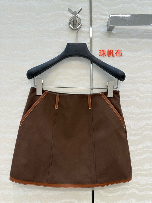 Miu Style Retro Brown Mini Skirt with Leather Trim and Pearl Canvas Fabric 1 Miu Style Retro Brown Mini Skirt with Leather Trim and Pearl Canvas Fabric